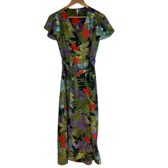 Mango tropical Floral Print Wrap midi Dress size M like new condition - Picture 3 of 12